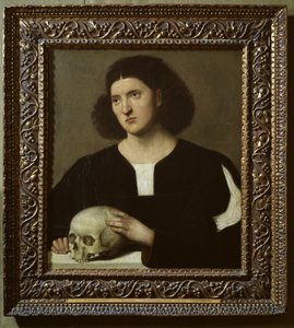 Portrett av en ung mann med en hodeskalle, olje på lerret fra 1600-tallet)